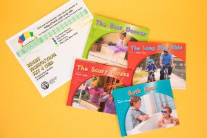 Early Braille Trade Books, Rigby Nonfiction Kit 4 UEB, Contracted: The Best Dancer, The Scary Masks, Bath Eyes, and The Long Bike Ride.