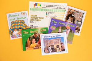 Early Braille Trade Books, Rigby Nonfiction Kit 5 UEB, Contracted: Animal Homes, The Berry Cake, Building a House, Houses and Homes, and The Party Clown.