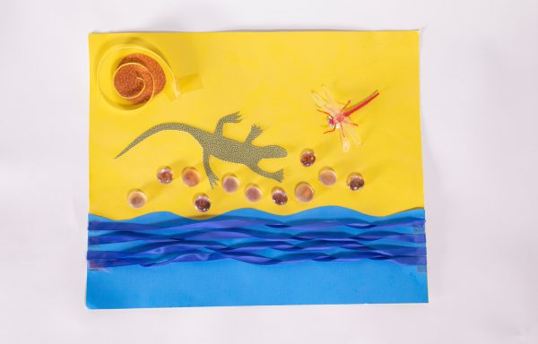 A tactile illustration using items from the In My Yard Theme Pack shows a lizard shape (cut from a bumpy lizard-skin textured sheet) next to pebbles beside “water” represented with strands of twisted, loosely attached blue satin ribbons. A plastic dragonfly is above the lizard in a yellow sky.