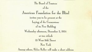 Invitation from the Board of Trustees of the American Foundation of the Blind to attend the "Laying of the Cornerstone of its New Building."
