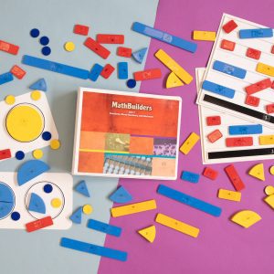Bird's eye view of MathBuilders Unit 7 Kit: Fractions, Mixed Numbers, and Decimals spread out to show the kits’ components including tactile tokens, fraction circle trays, pie shaped fraction pieces, a guidebook, and more.
