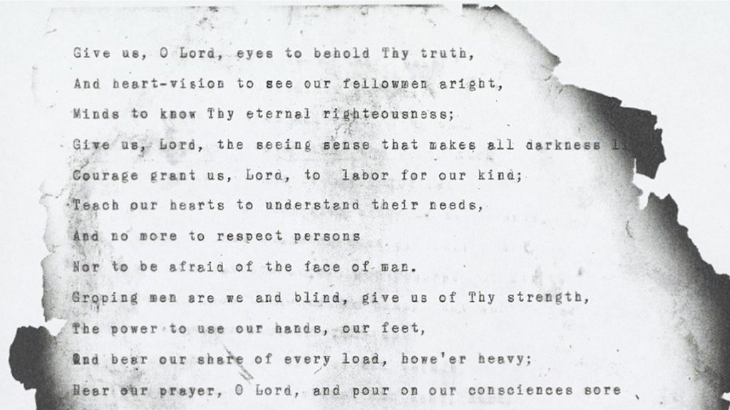 Scan of a document typed on a typewriter. The edges of the document have been tattered and singed by flames.
