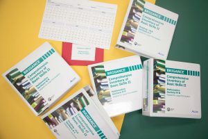 Five large print Brigance assessment binders, red mathematics foldout pages, and a calendar showing January through June rest on top of a yellow and green surface.