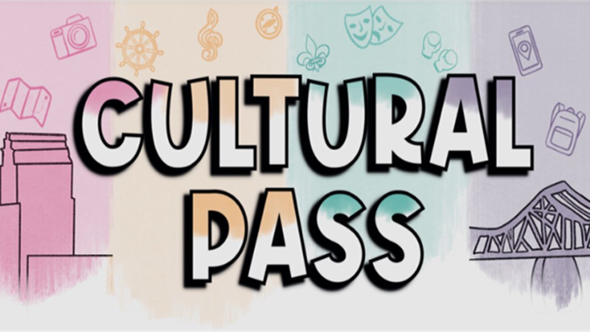 Cultural Pass logo in pale pink, yellow, teal, and purple. A sketch of the Louisville skyline is in the background.