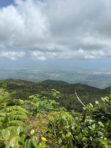 A view from El Yunque showing sky, greenery, mountains, nearby towns and the ocean in the distance.