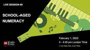 LIVE SESSION #5. School Aged Numeracy. February 1st, 2023, 4-4:45 pm London Time, 11-11:45 am New York Time. LEGO Braille Brick Logo. Graphic of a green braille brick with a raw of green coming out of one end showing musical instruments in shades of green.