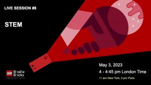 LIVE SESSION #8. STEM. May 3rd, 2023, 4-4:45 pm London Time, 11-11:45 am New York Time. Graphic of a red brick with a red ray coming out one end showing a hand holding an ice cream cone in shades of red.