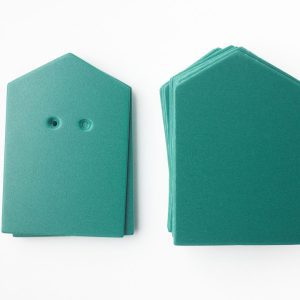 A package of green “house”-shaped cards (10 undrilled and 5 two-hole drilled)