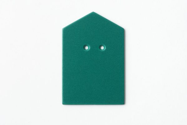 Single, two-hole drilled green “house”-shaped card