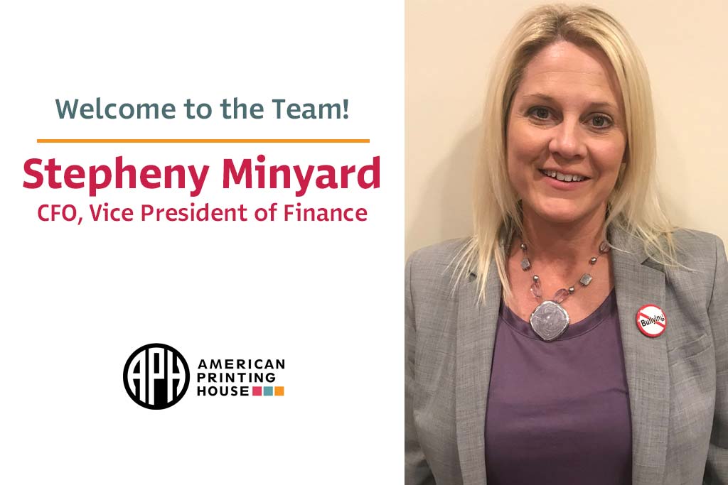 "Welcome to the team! Stepheny Minyard, CFO, Vice President of Finance.” APH logo. Headshot of Stepheny smiling