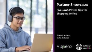 Partner Showcase webinar banner. A young man wearing headphones and using a notebook computer.