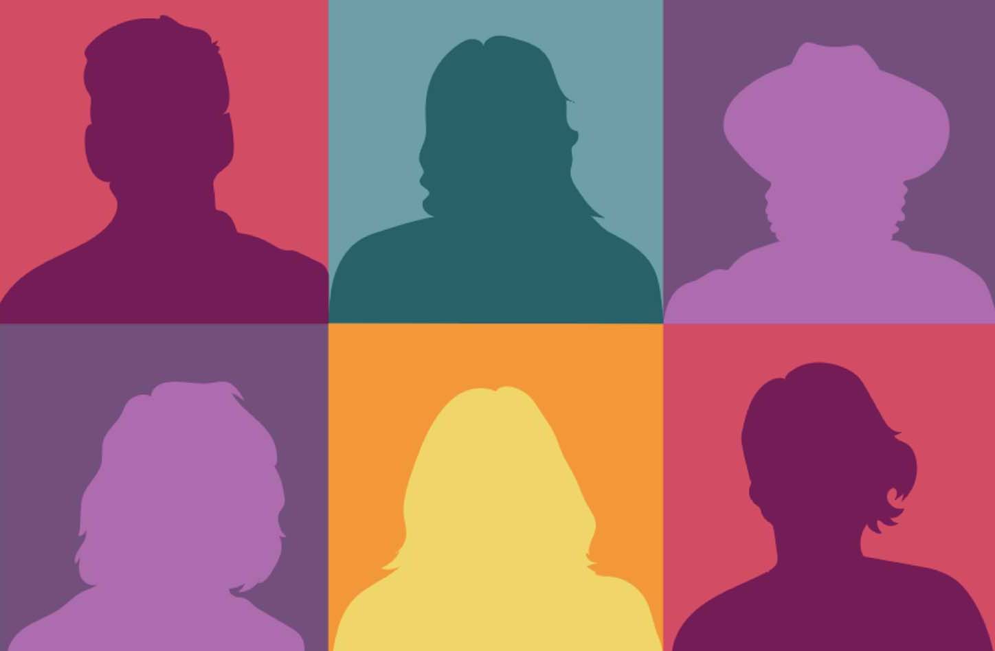 Change maker banner silhouette of people in colored square backgrounds.