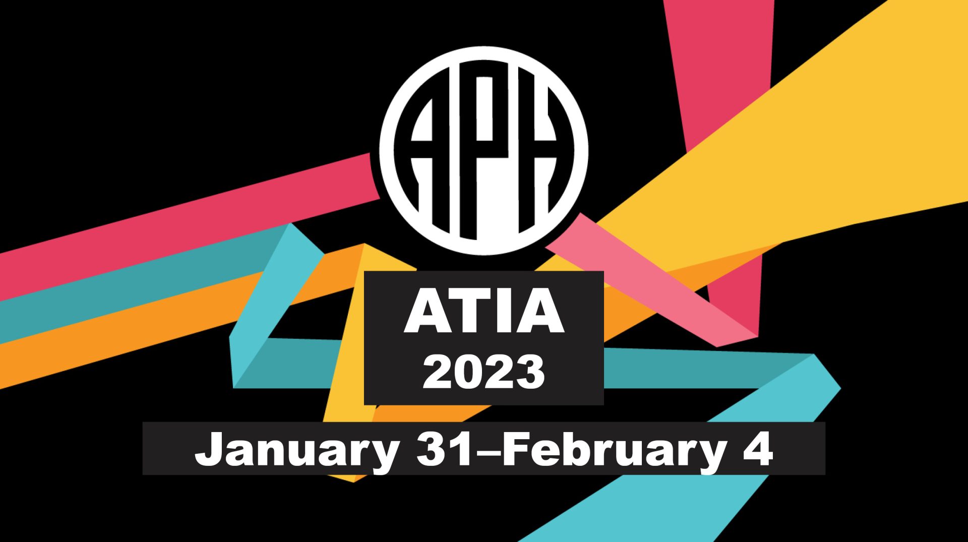 APH event banner. Three parallel bars in the APH brand colors of pomegranate, teal, and gold diverge and zigzag dynamically behind the APH logo. Text reads: ATIA 2023, January 31 - February 4.