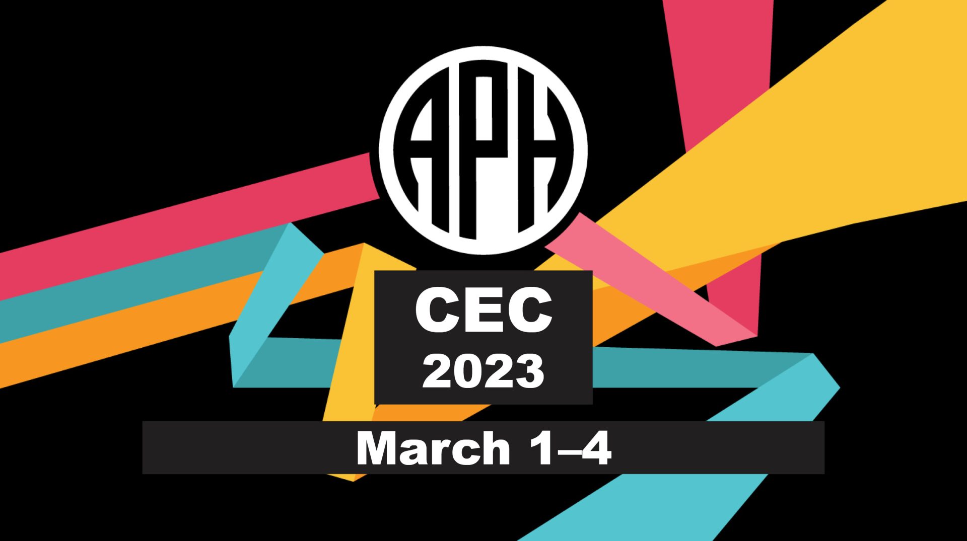 APH event banner. Three parallel bars in the APH brand colors of pomegranate, teal, and gold diverge and zigzag dynamically behind the APH logo. Text reads: CEC 2023, March 1 - 4.