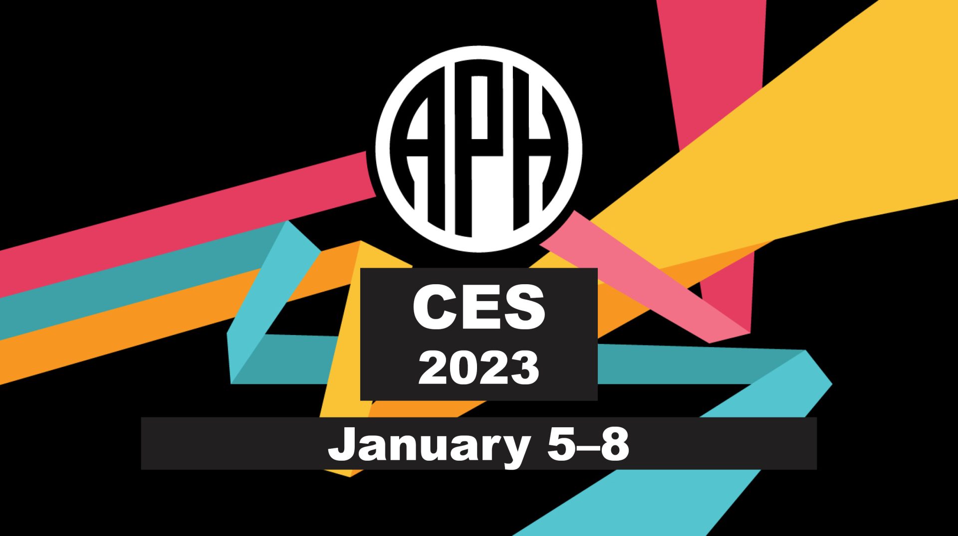 APH event banner. Three parallel bars in the APH brand colors of pomegranate, teal, and gold diverge and zigzag dynamically behind the APH logo. Text reads: CES 2023, January 5 - 8.