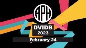 APH event banner. Three parallel bars in the APH brand colors of pomegranate, teal, and gold diverge and zigzag dynamically behind the APH logo. Text reads: DVIDB 2023, February 24.