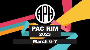 APH event banner. Three parallel bars in the APH brand colors of pomegranate, teal, and gold diverge and zigzag dynamically behind the APH logo. Text reads: PAC RIM 2023, March 6 - 7.