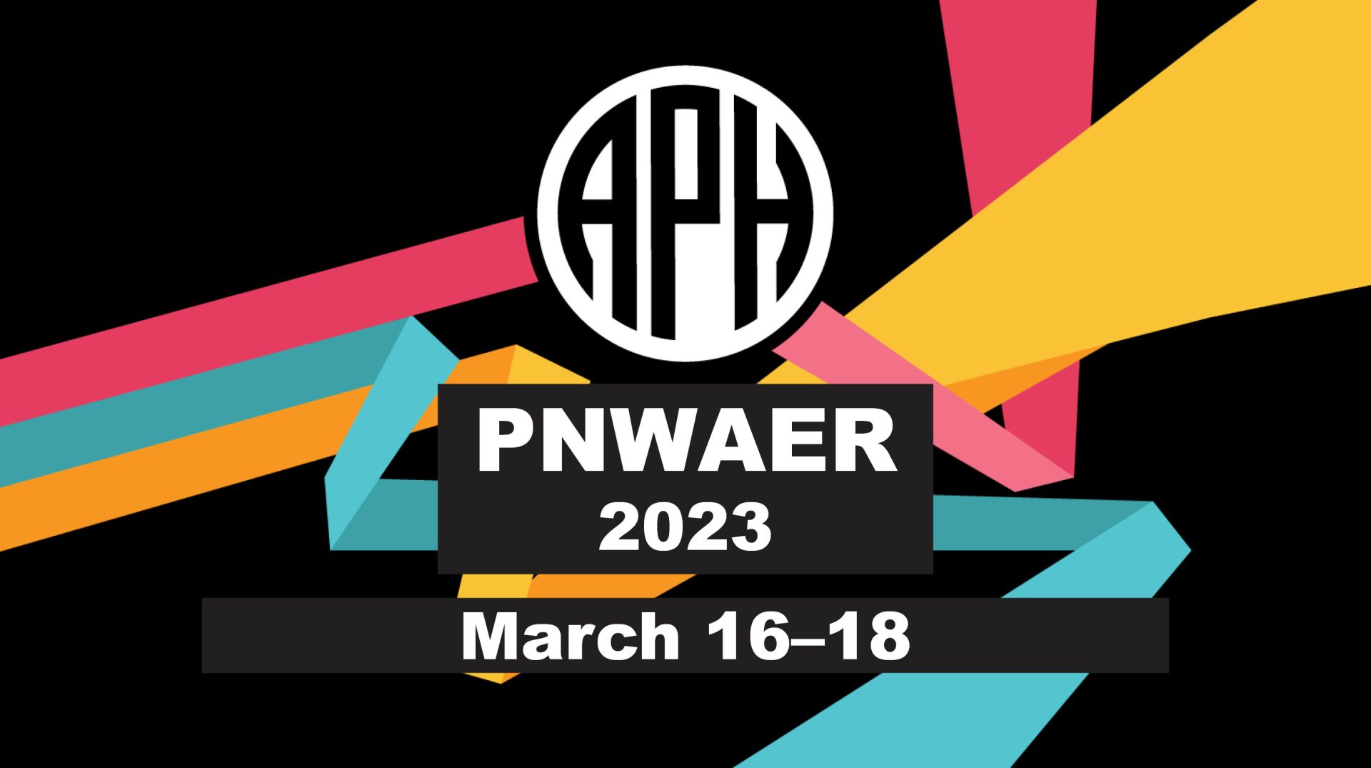 APH event banner. Three parallel bars in the APH brand colors of pomegranate, teal, and gold diverge and zigzag dynamically behind the APH logo. Text reads: PNWAER 2023, March 16 - 18.