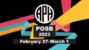 APH event banner. Three parallel bars in the APH brand colors of pomegranate, teal, and gold diverge and zigzag dynamically behind the APH logo. Text reads: POSB 2023, February 27 - March 1.