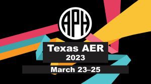 APH event banner. Three parallel bars in the APH brand colors of pomegranate, teal, and gold diverge and zigzag dynamically behind the APH logo. Text reads: Texas AER 2023, March 23 - 25.