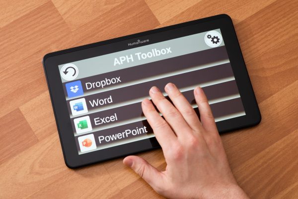 MATT Connect tablet without stand showcasing the APH Microsoft Toolbox with the following apps – Dropbox, Word, Excel, and PowerPoint