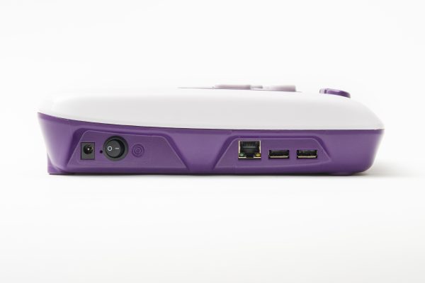Left-side view of Polly device showing the power port, power on/off button, Ethernet port, and two USB ports.