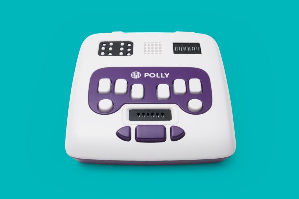 Overhead view of APH Polly device showing large and standard braille cells, a six-dot braille keyboard, electronic slate, and navigation keys. The device is over a teal background.