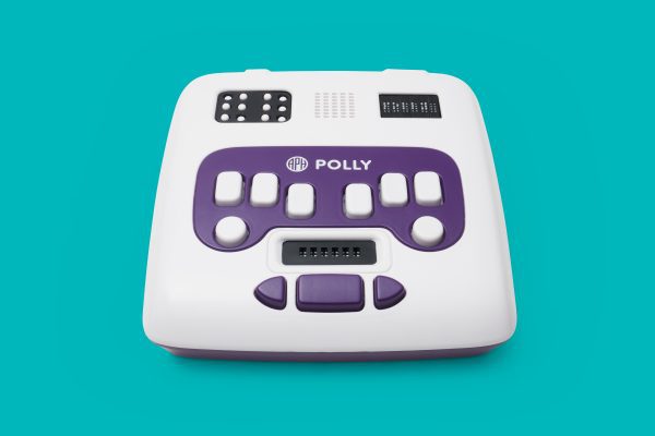 Overhead view of APH Polly device showing large and standard braille cells, a six-dot braille keyboard, electronic slate, and navigation keys. The device is over a teal background.