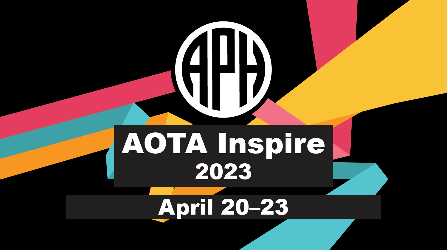 APH event banner. Three parallel bars in the APH brand colors of pomegranate, teal, and gold diverge and zigzag dynamically behind the APH logo. Text reads: AOTA Inspire, April 20 - 23.