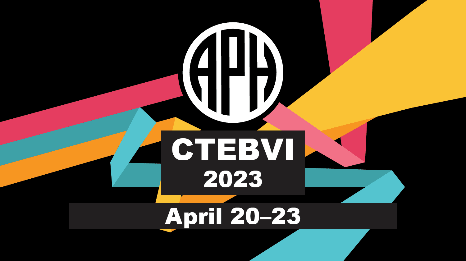 APH event banner. Three parallel bars in the APH brand colors of pomegranate, teal, and gold diverge and zigzag dynamically behind the APH logo. Text reads: CTEBVI 2023, April 20 - 23.
