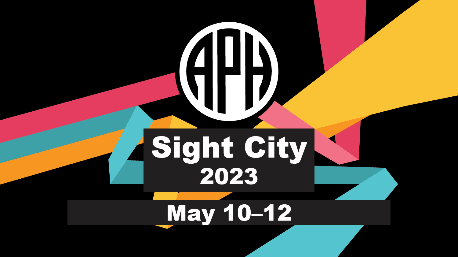 APH event banner. Three parallel bars in the APH brand colors of pomegranate, teal, and gold diverge and zigzag dynamically behind the APH logo. Text reads: Sight City 2023, May 10 - 12.