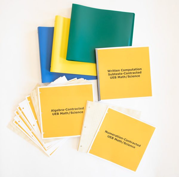 KeyMath 3 UEB Supplement Contracted kit displaying three folders (blue, yellow, and green) and three instruction booklets: Written Computation Subtests, Algebra, and Numeration-Contracted UEB Math/ Science.