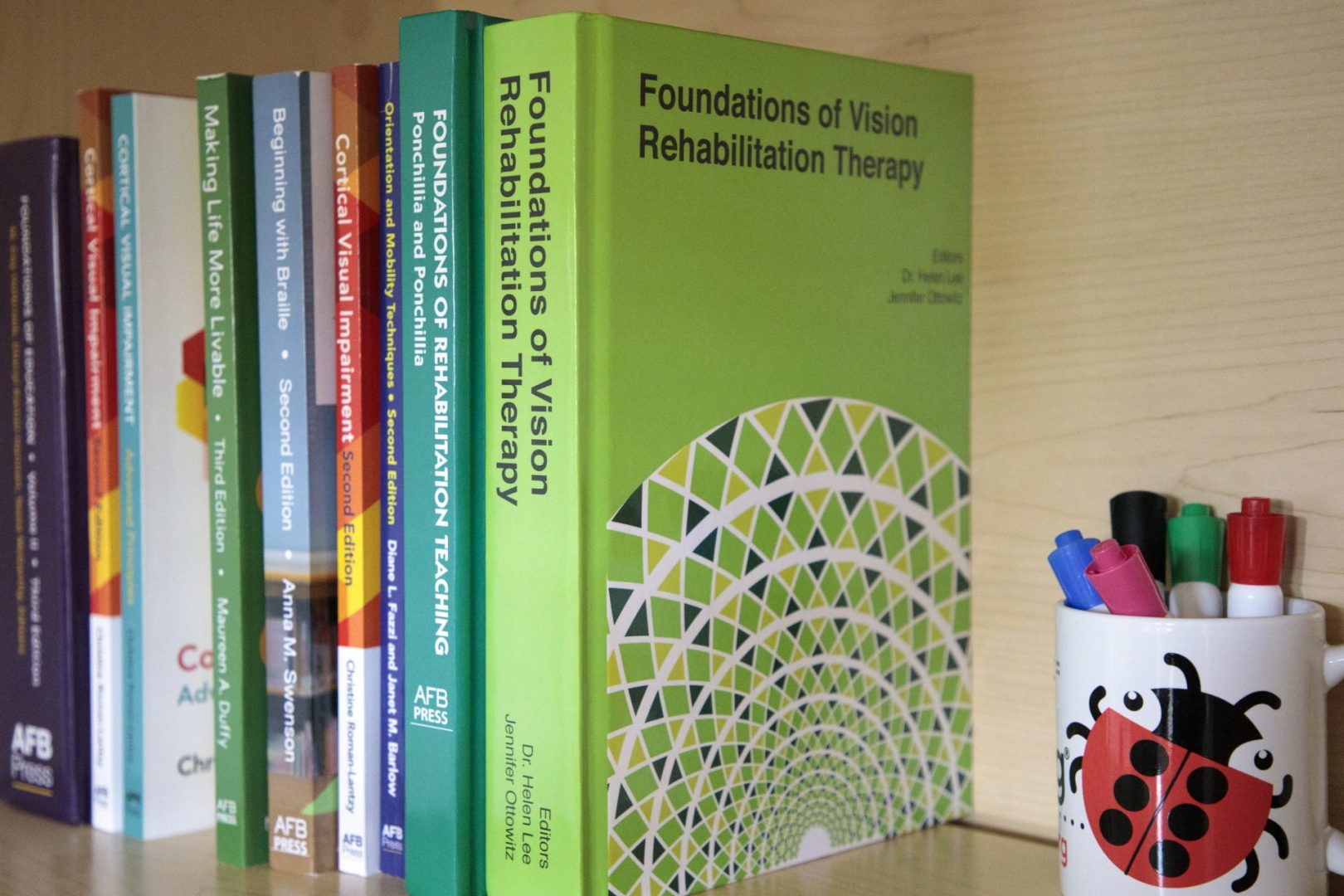 Several books, including Foundations of Rehabilitation Therapy and Foundations of Rehabilitation Teaching, on a bookshelf with a white mug with a cartoon ladybug on it. The mug is full of dry erase markers.