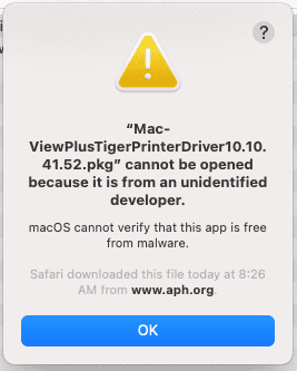 Installing the Pixblaster driver on a Mac 2 - Screenshot of error message described in instructions above