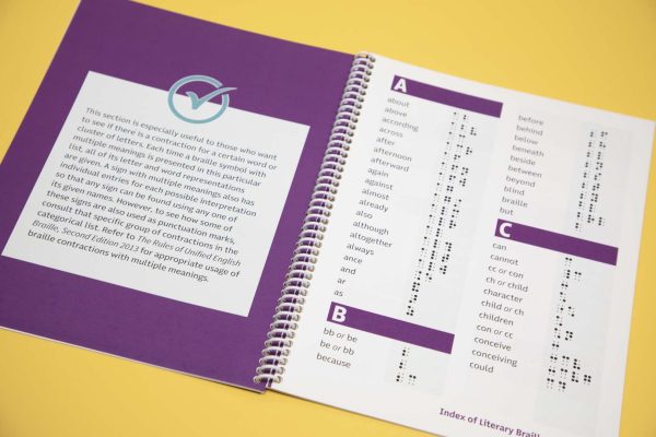 Quick Check Index of Literary Braille Signs Print edition opened to show a contraction list for words that being with A through C.