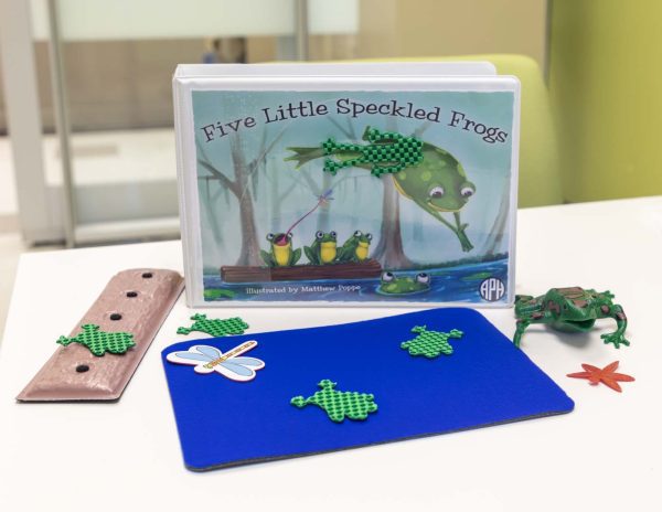 Five Little Speckled Frogs binder with some parts from the kit: a tactile log with a flat tactile frog shape on top, three other flat tactile frogs are dispersed around the table. Also shown are a die cut dragonfly, another flying insect shape, and a soft rubber frog sitting next to the binder. Near the front is a small rectangular soft blue felt panel.