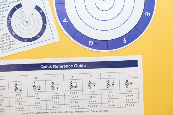 Close up view displaying half of the Music Braille Wheel and the Quick Reference Guide.