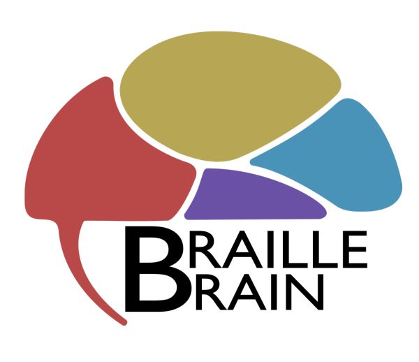 The Braille Brain logo which features of a multicolored brain stacked above the words Braille Brain in all caps. Braille is stacked above Brain, with both words sharing and beginning with a large B that is as tall as both words stacked. The brain is divided into four sections, the optical lobe is red, the Parietal lobe is yellow, the Frontal lobe is blue, and the Temporal lobe is purple.