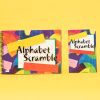 Alphabet Scramble book laid on a gold background next to the Alphabet Scramble user guide.