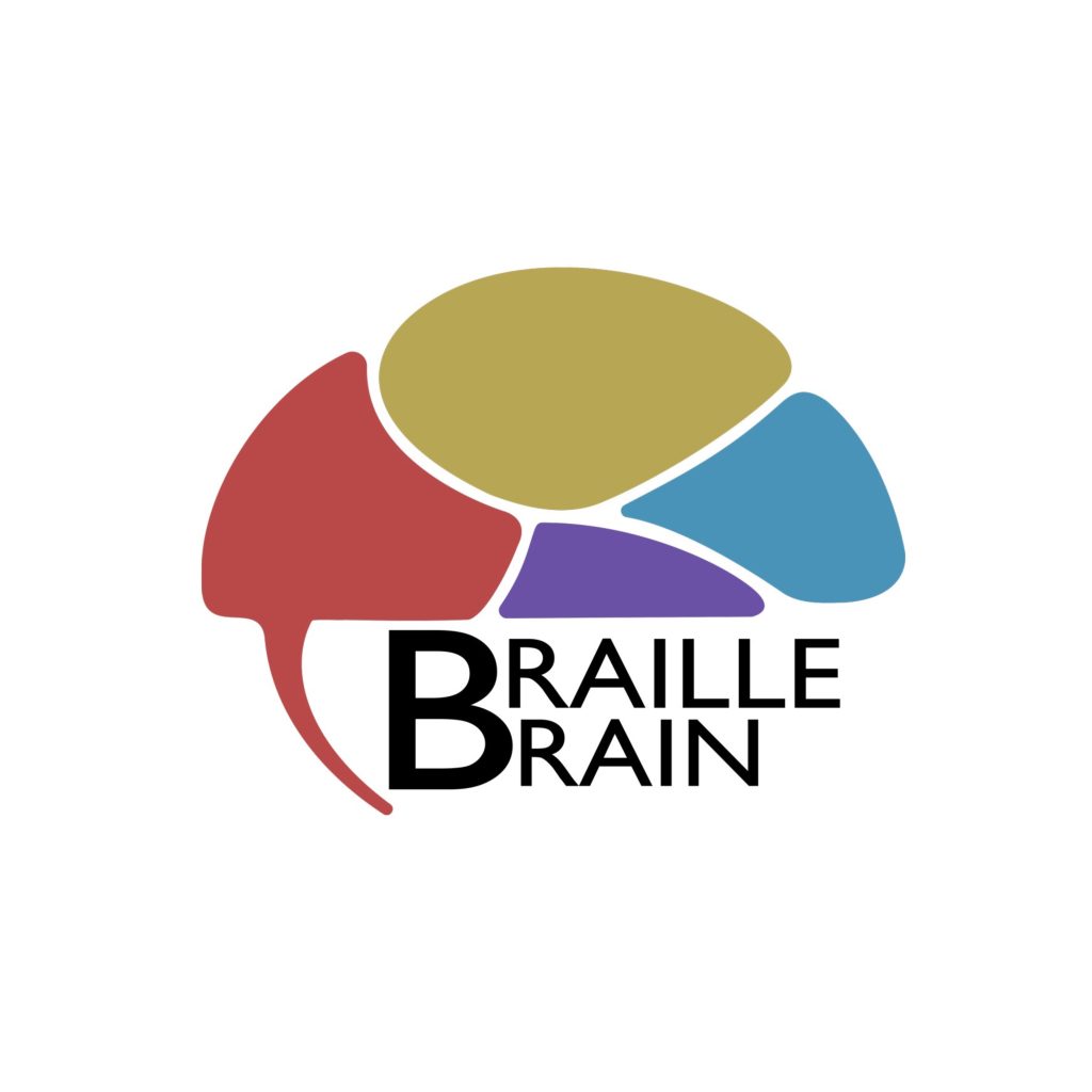 The Braille Brain logo features a multicolored brain stacked above the words “Braille Brain” in all caps. “Braille” is stacked above “Brain,” with both words sharing and beginning with a large B that is as tall as both words stacked. The brain is divided into four sections. The Occipital lobe is red. The Parietal lobe is yellow. The Frontal lobe is blue, and the Temporal lobe is purple.