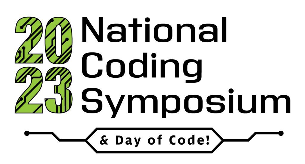 2023 National Coding Symposium logo. The numbers “2023” are light green and have a dark green circuit board pattern across them. Text below reads “& Day of Code!