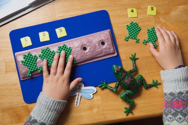 Two small hands attach the green tactile frog shapes to the log sitting on the blue storyboard with velcro stickers. Above each frog is a combination braille and large print number card that corresponds to the frog's place in line.