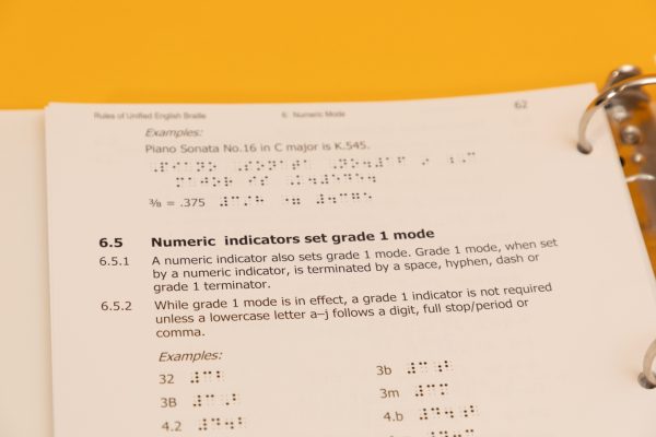 Close up of a Rules of UEB large print page pertaining to the numeric mode against a yellow background. The subheading reads "numeric indicators set grade 1 mode"