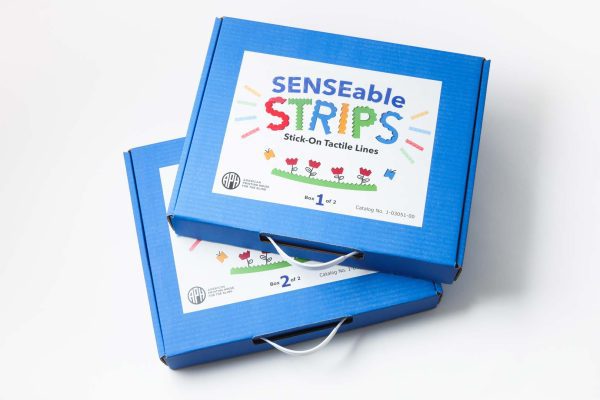 A top-down view of the two blue boxes included in the SENSEable STRIPS kit. In colorful graphic text, the label reads "SENSEable STRIPS Stick-on Tactile Lines." Graphic representations of the textured strips are positioned around the word "STRIPS" like rays of sunshine. Below the text is an illustration of two yellow and blue butterflies on either side of four red geometric flowers.
