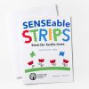 The cover of the print version of the suggested uses booklet stacked on top of the braille version. In colorful graphic text, the cover reads, "SENSEable STRIPS Stick-On Tactile Lines Created by Karen J. Poppe." Below the text is an illustration of two graphic blue and green butterflies over red geometric flowers. In the bottom left corner is the APH logo, and in the bottom right is the catalog number.