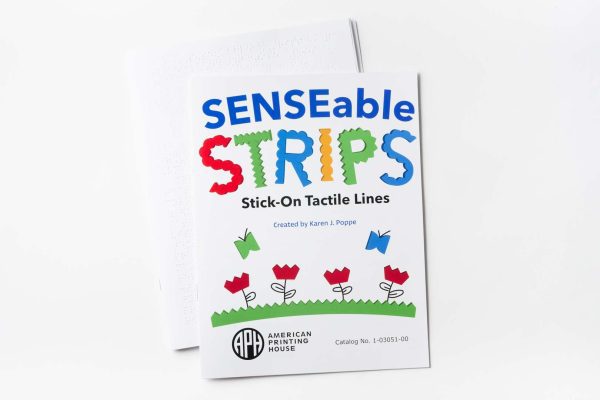 The cover of the print version of the suggested uses booklet stacked on top of the braille version. In colorful graphic text, the cover reads, "SENSEable STRIPS Stick-On Tactile Lines Created by Karen J. Poppe." Below the text is an illustration of two graphic blue and green butterflies over red geometric flowers. In the bottom left corner is the APH logo, and in the bottom right is the catalog number.