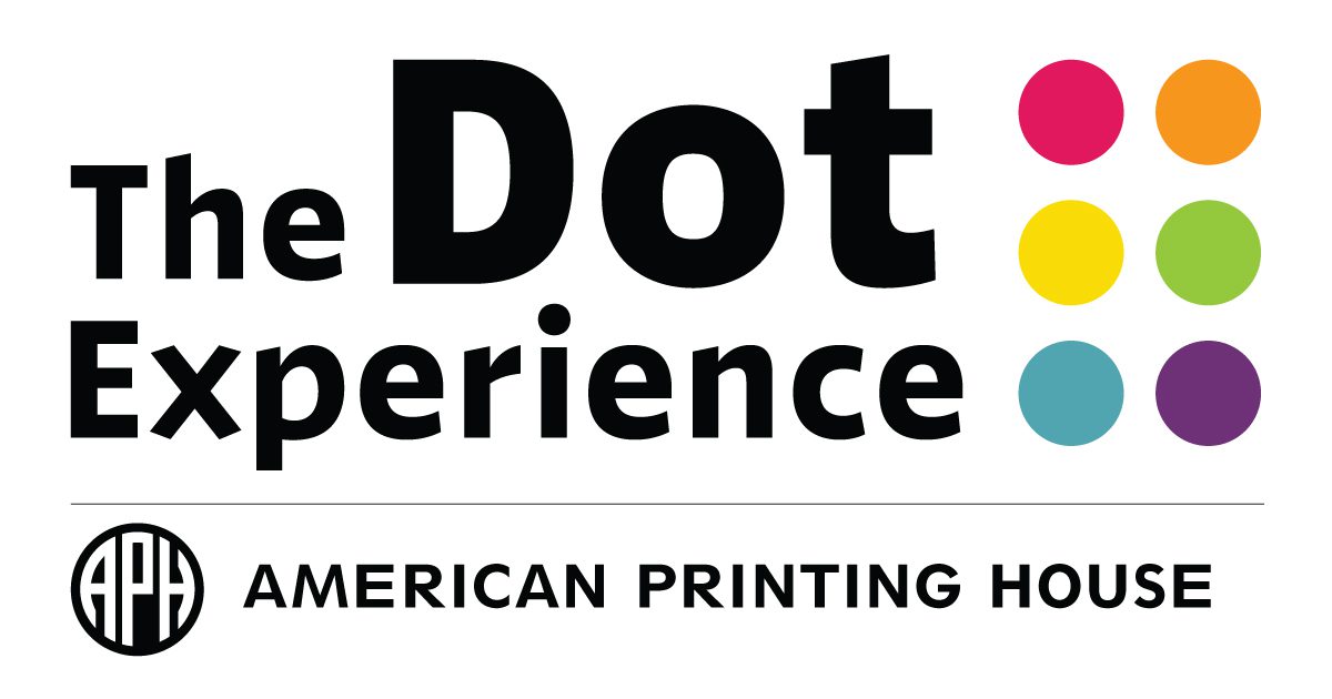 The Dot Experience logo: the words “The Dot Experience” in bold black letters stacked, with the words “The” and “Dot” over the word “Experience.” The two lines of type are equal in length. “The” and “Experience” are the same size, but “Dot” is larger and more prominent than the other two words. To the right of the two lines of type is a braille cell made of six individually colored circles.