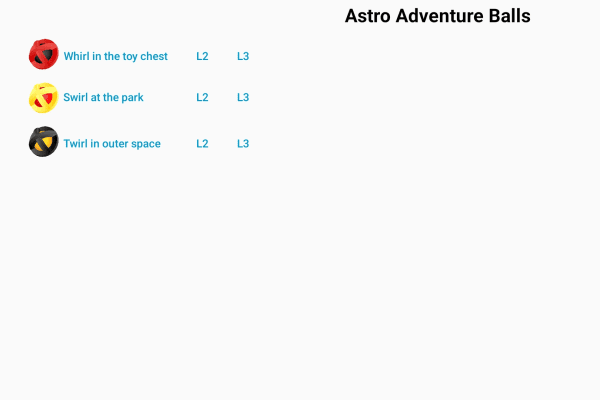 A screenshot of a navigation page of the Astro Adventure app where the user can select three lessons for each character, Whirl, Swirl, and Twirl.