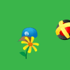 Against a green background, Swirl is positioned next to a yellow flower and a blue APH baseball cap.