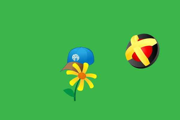 Against a green background, Swirl is positioned next to a yellow flower and a blue APH baseball cap.